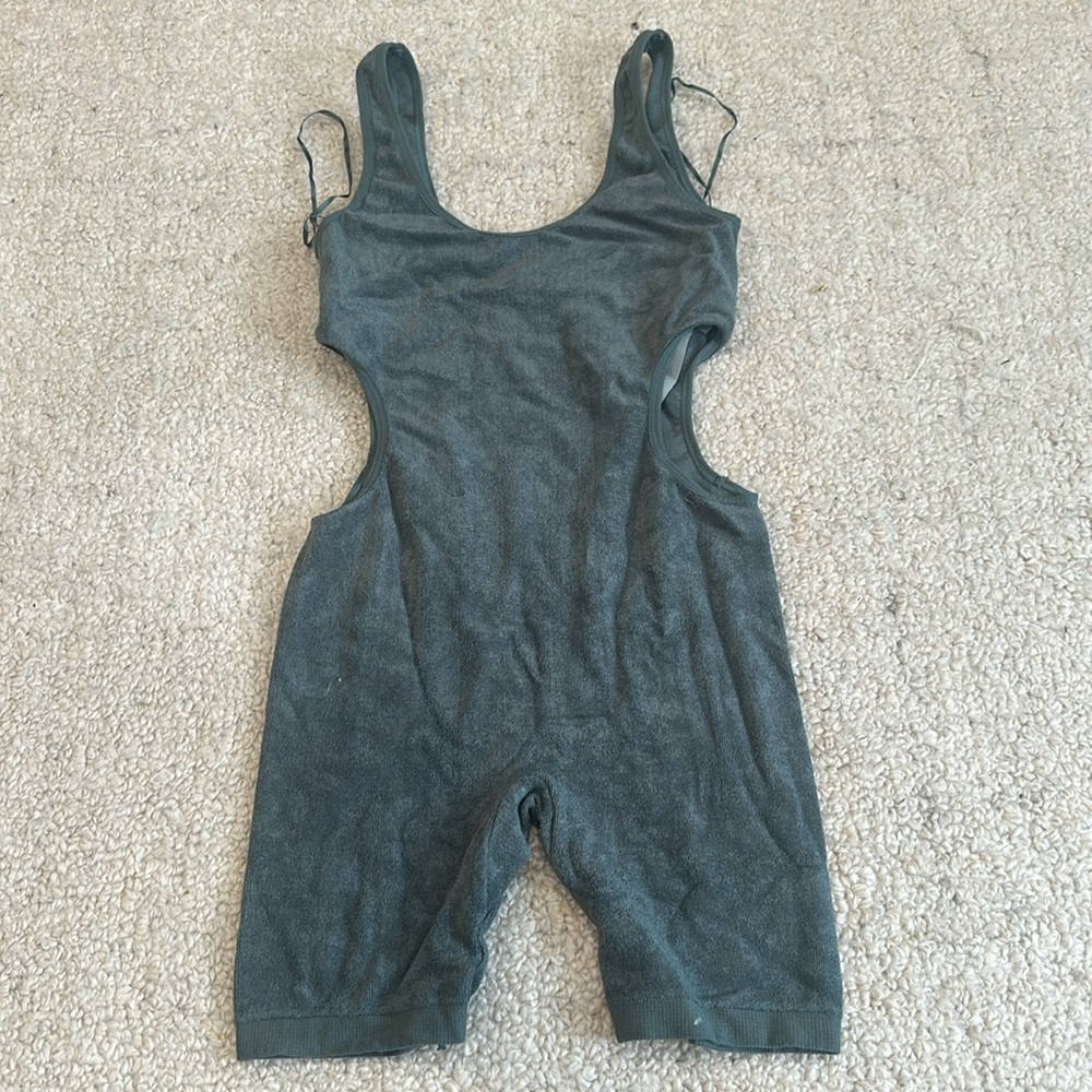 Washed up dark green Terry cloth romper with open sides